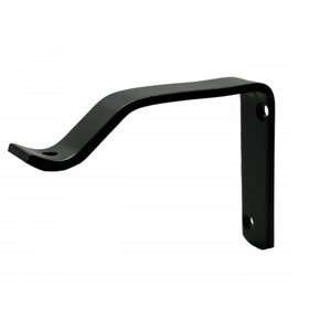 May include: Black metal curtain rod bracket with a curved arm and two mounting holes.