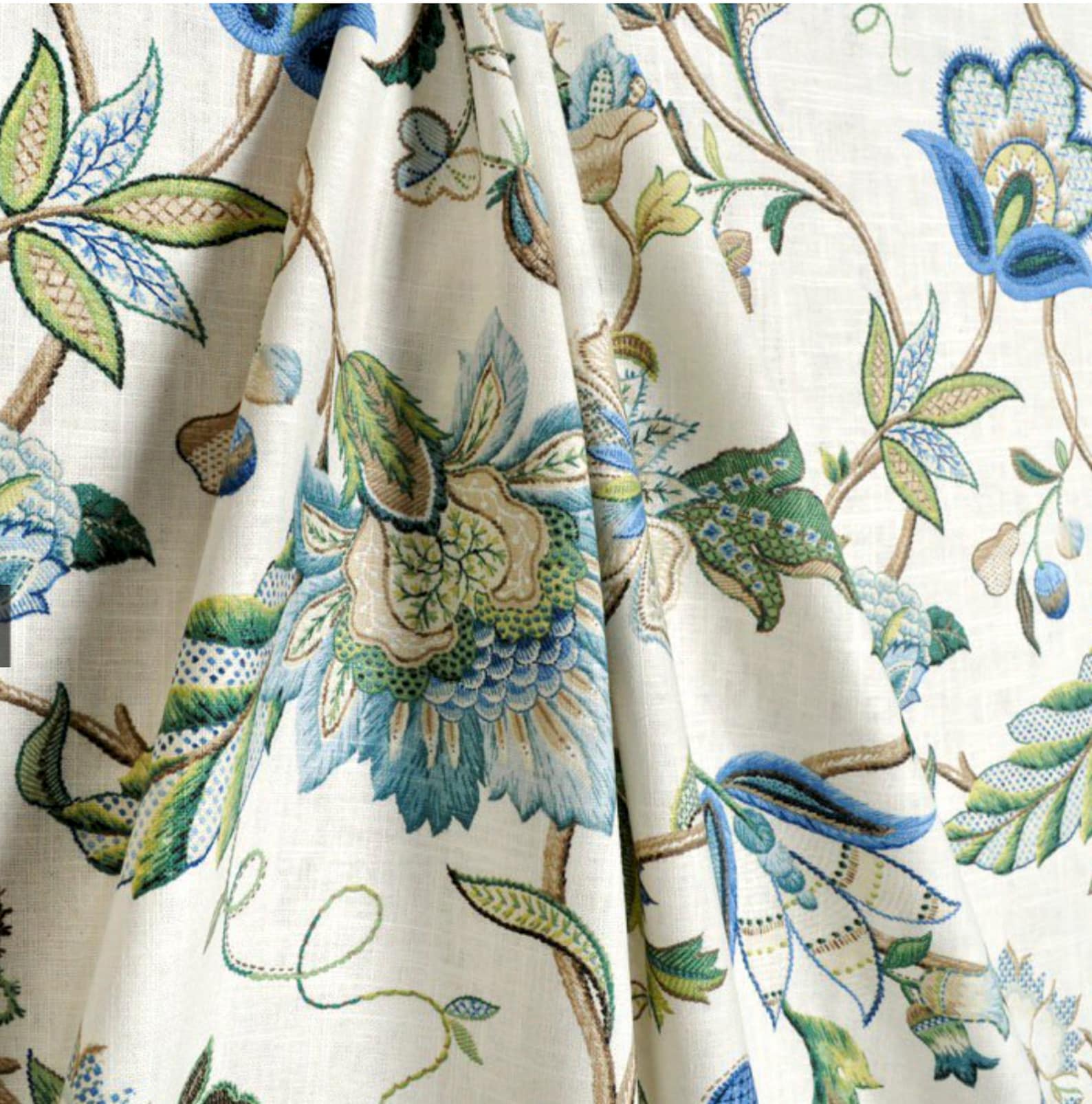Blue green curtains jacobean curtains floral curtains flower Etsy
