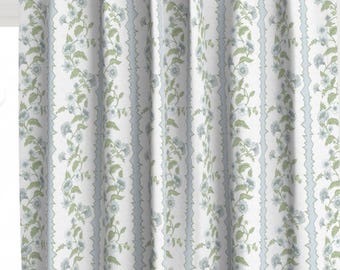 Girls Shower curtain cottage floral stripe heritage country green mist blue custom custom fabric shower curtain long shower curtain aqua