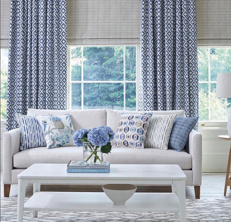 Blue Ikat Curtains Diamond Pattern Living Room Image 0
