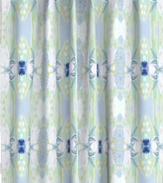 Girls Shower curtain blue green Spring blue custom custom fabric shower curtain long 84 96 108 painterly shower curtain aqua shower curtain