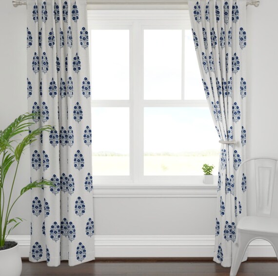 Mughal Flower Curtains Navy Beige White Curtains Indian Block Etsy