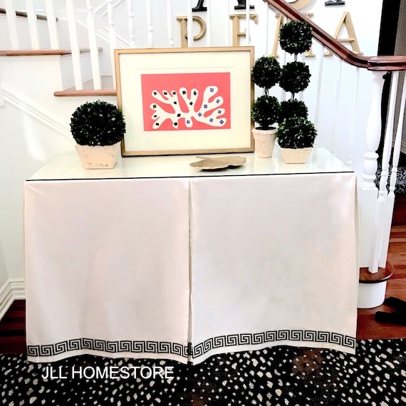 Console Table skirt with greek key trim rectangle table console table skirt ivory with black tableskirt custom size crypton cotton skirted