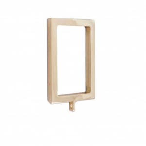 May include: A gold metal curtain rod finial with a rectangular frame and a small hook at the bottom.