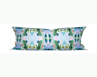 Cuscino verde blu acqua, cuscino con accenti blu turchese, cuscino con design pittorico, cuscino lombare verde pervinca acqua, cuscino per dormitorio per ragazze verde blu