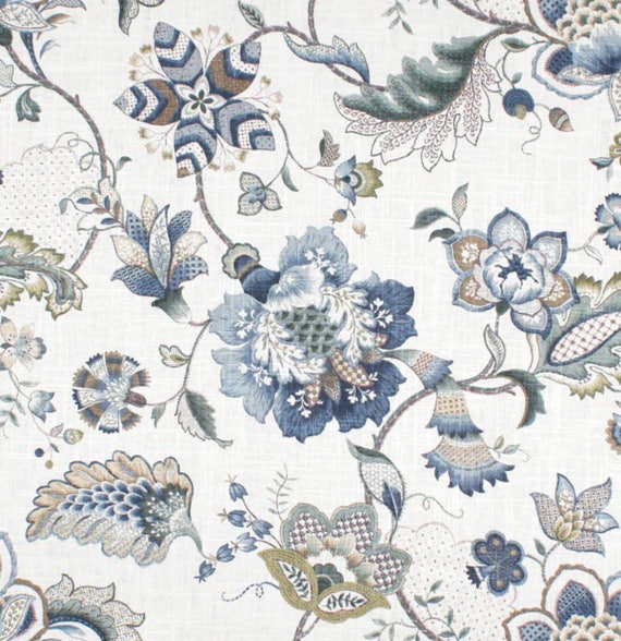 Blue Beige Curtains Blue Brown Curtains Jacobean Curtains Blue Etsy