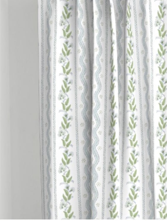 Girls Shower curtain floral stripe green mist blue custom custom fabric shower curtain long 84 96 108 painterly shower curtain aqua shower