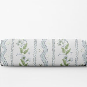 Floral Stripe round bolster blue green bolster pillow Long lumbar painterly bolster pillow blue green floral vine  lumbar bed neck roll