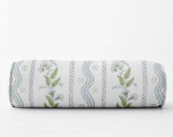 Floral Stripe round bolster blue green bolster pillow Long lumbar painterly bolster pillow blue green floral vine  lumbar bed neck roll