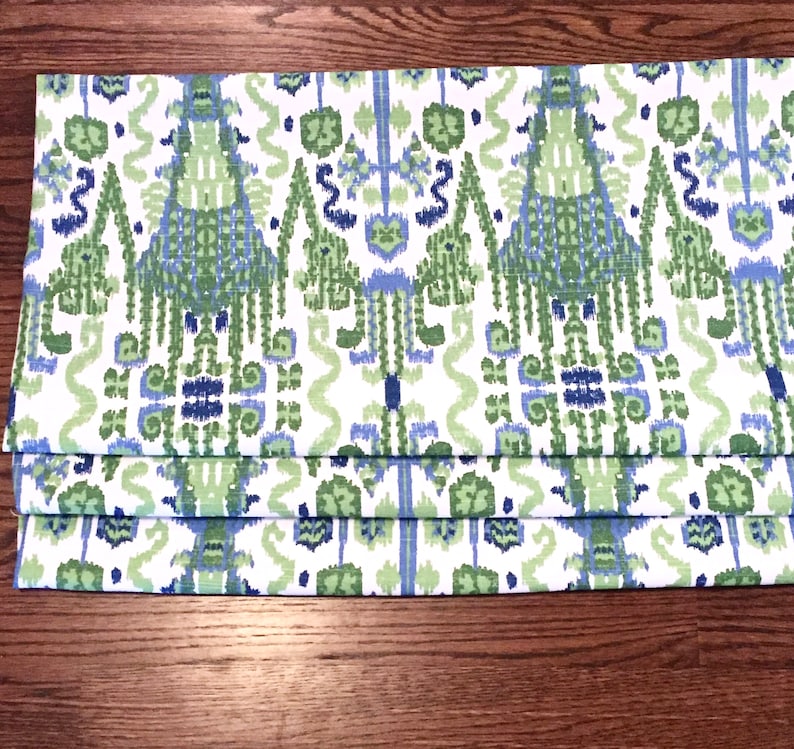 Faux Roman shades blue green QUICK SHIP Lacefield Bombay Kelly roman shades blue kitchen valance flat valence blue ikat window shades faux