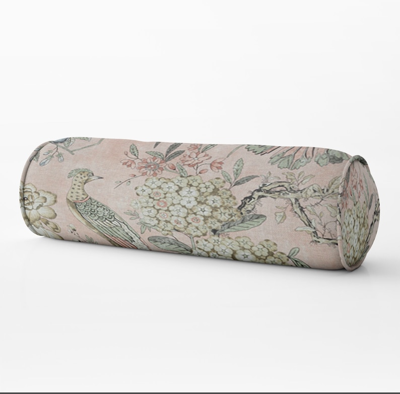Floral Pheasant Pillow Blush Bolster Pillow Long Lumbar Pillow Etsy