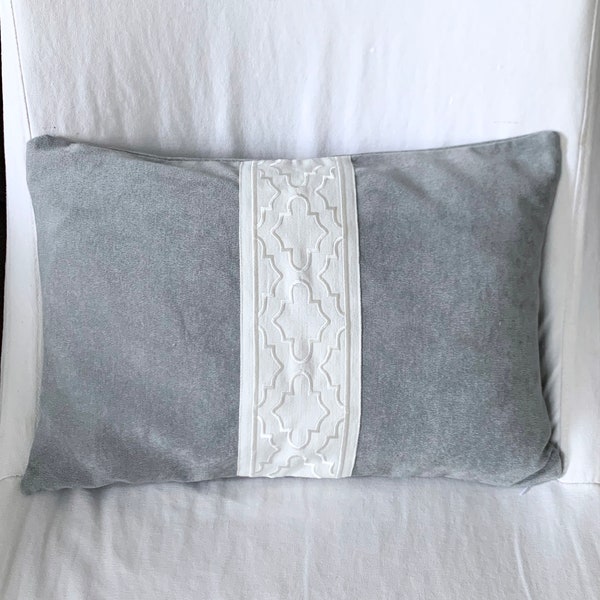IMMEDIATE SHIP Greek Key trimmed pillow 14x20 lumbar Samuel and Sons wide trim pillow embroidered trim white on grey velvet pillow harbour