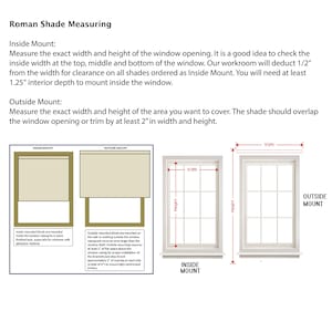 May include: Diagram illustrating how to measure for Roman shades, including inside and outside mount options. The image shows windows with labeled dimensions for width and height, and text explaining the measurement process. The text includes the phrase "Roman Shade Measuring."