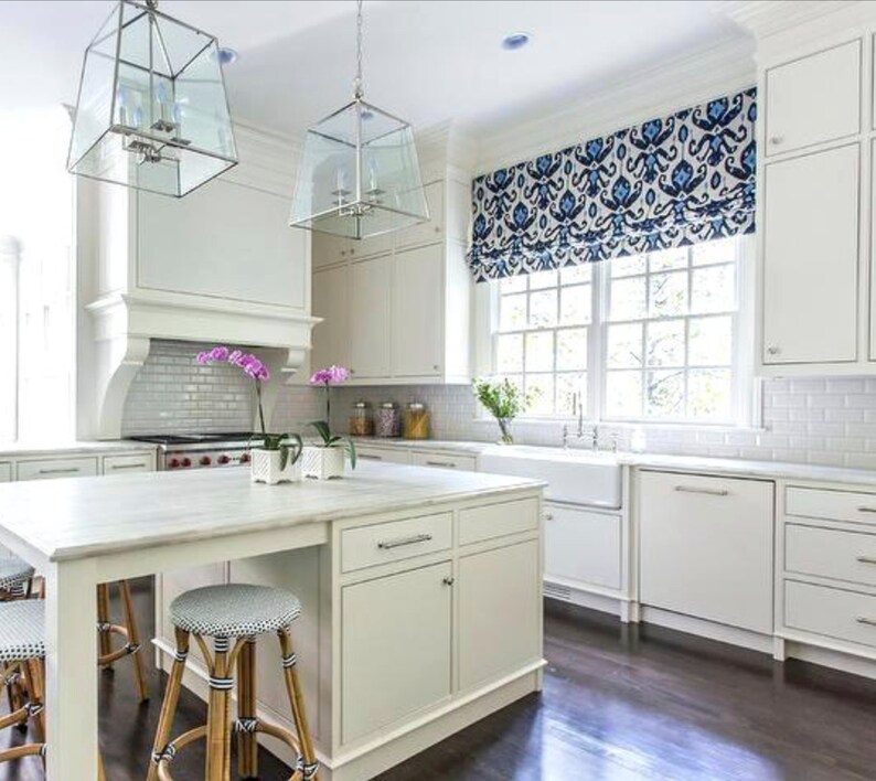 Blue Ikat Faux Roman Shades Or Functioning Kitchen Custom Fabric Window Navy White Valance Valence