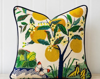 IMMEDIATE SHIP Citrus Garden Primary Pillow covers pool 16x16 navy piping F Schumacher pillow cover citrus garden pillows citrus garden pool
