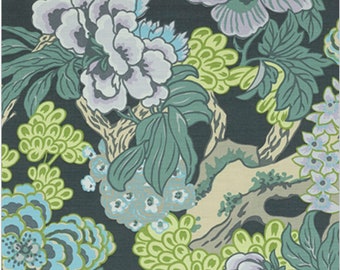May include: A black background with a floral pattern featuring large blue and purple flowers, green leaves, and small white flowers. The pattern is reminiscent of a traditional Japanese design.