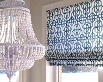 Blue roman shades blue ogee blue trellis window shade blue lattice work roman shade blue and white window shade cordless roman shade teal