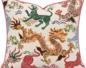 NEW Himalayan dragon Colorful chinoiserie pillow pink green blue orange pillow square or lumbar piping Chinoiserie Asian Dragon Pillows