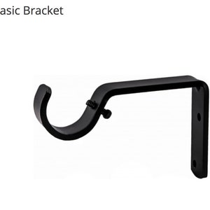 May include: Black metal curtain rod bracket with a curved arm and a square base. The bracket has two screw holes on the base.