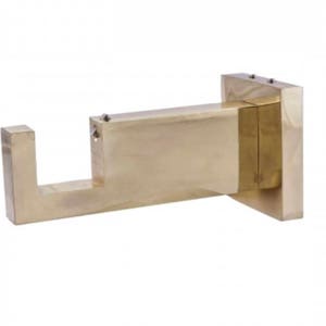 May include: A gold metal shelf bracket with a square base and a rectangular arm. The bracket is designed to be mounted to a wall and can be used to support shelves or other objects.