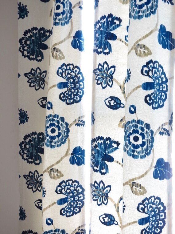 Jacobean Curtains White Blue Curtains Floral Curtains Jacquard Blue Floral Drapes Curtains Custom Curtain Panel Pleated Bedroom Curtains