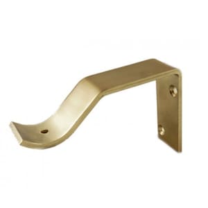 May include: A gold metal curtain rod bracket with a curved arm and a square base. The bracket has two screw holes on the base.