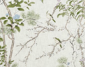 THIBAUT KATSURA curtains green blue white curtain panel thibaut drapery chinoiserie curtains large floral curtain spa blue Katsura bird cafe