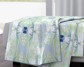 NEW SHIP green blue throw blanket mist blue chartreuse accent throw fleece soft cozy chinoiserie pastel design throw accent blanket Spring