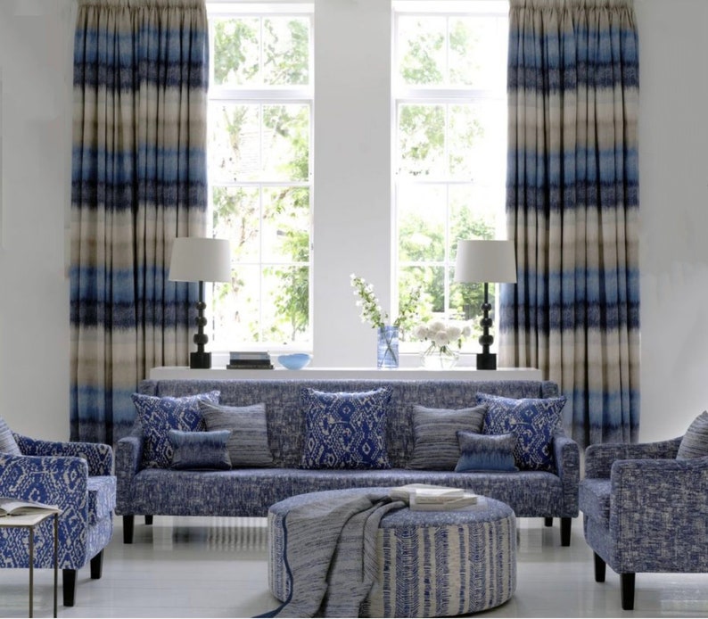 Blue Beige Curtains Ivory Navy