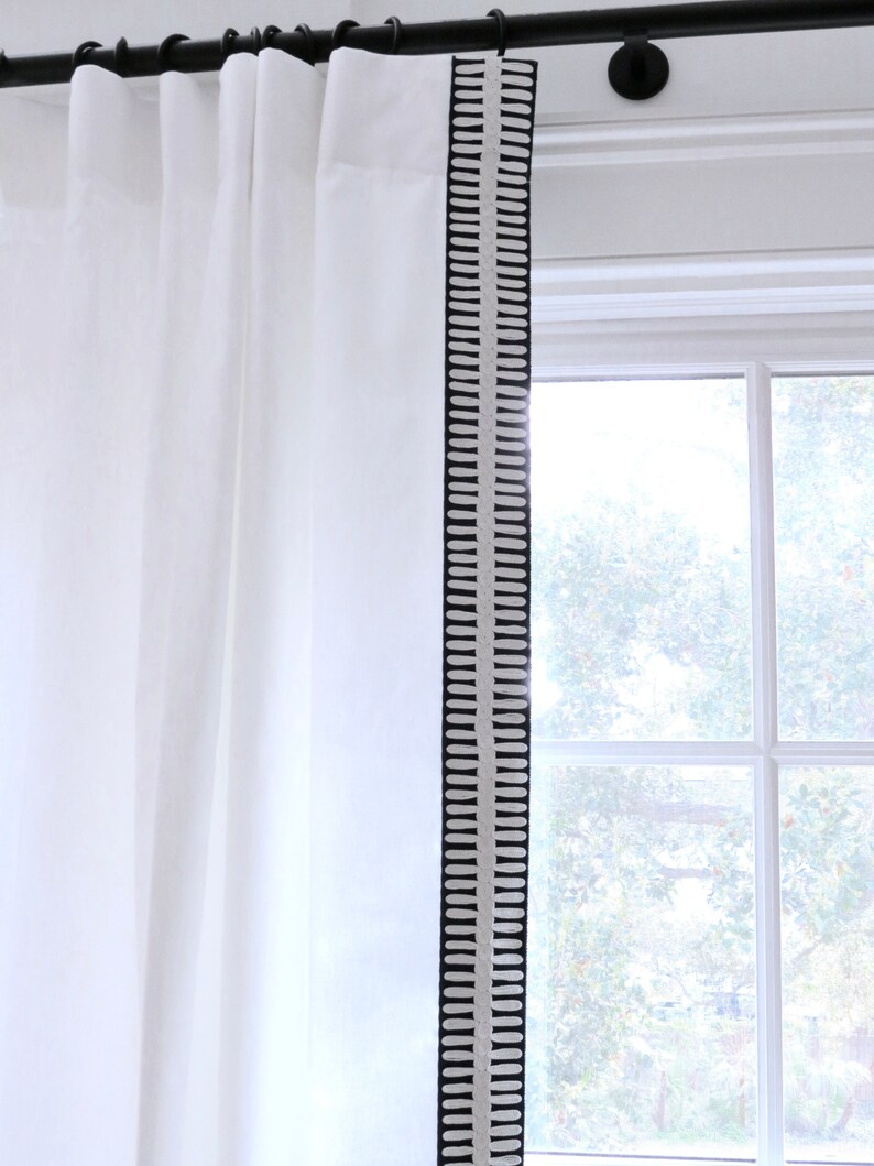 Greek Key Curtains navy trim wide trimmed curtains white linen Etsy