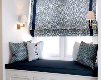 Pretty Navy Roman Shade navy blue vine fabric roman shade floral block print silk road asian fan dark blue window shade kitchen sink shade