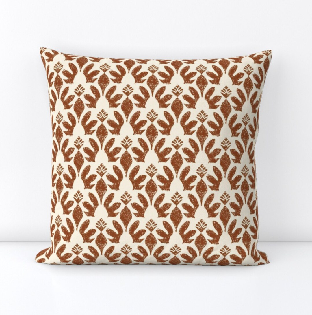 Rusty Pilo Block Kujani Pillow in Tobacco Rust Block Print on Offwhite Linen Cotton Rust ...