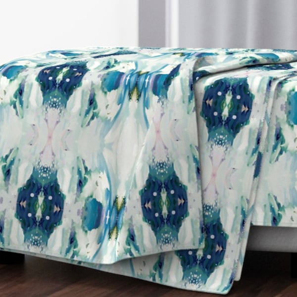 Painterly fleece blanket MEADOW navy green blue aqua accent throw art deco fleece blanket blue green dorm blanket throw soft turquoise