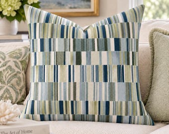 Cut velvet Spa green and blue pillow aqua green grey navy print velvet cut accent pillow aqua blue tan luxurious thick trinka pillow soft