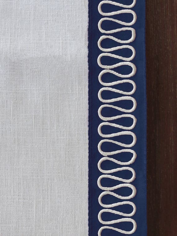Navy Trim Curtains White Linen Modern Blue Greek Key Curtains Etsy