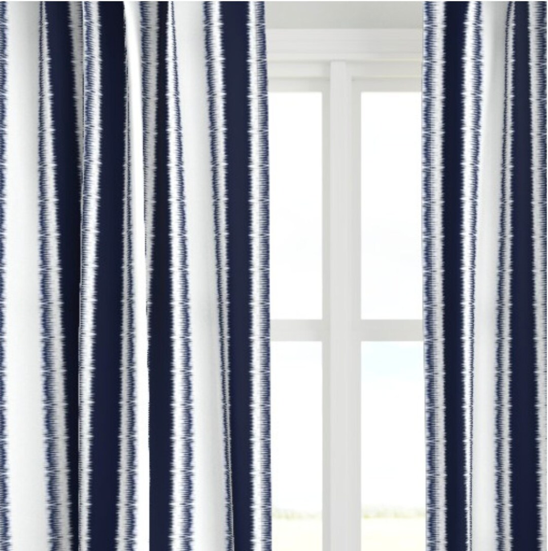 NAVY White Stripe Curtains Navy Blue Drapes dark Blue Ikat Stripe Print Curtains Living Room
