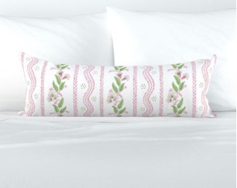Floral Stripe Pillow Pink Green Flower block print pillow Flower Lumbar Long Dolly Block Print Fine Textiles lettuce green pale blue dots