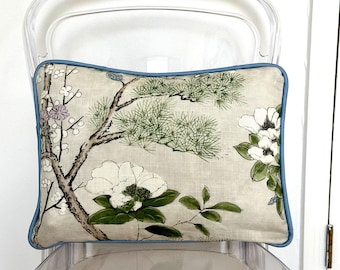 Thibaut KATSURA pillow both sides with blue piping 12x16 accent pillow lavender and blue with beige bird branches floral thibaut katsura