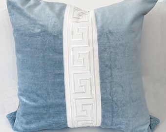 IMMEDIATE SHIP Greek Key trimmed pillow 22x22 and lumbar Samuel and Sons wide trim pillow embroidered trim white on blue velvet pillow harb