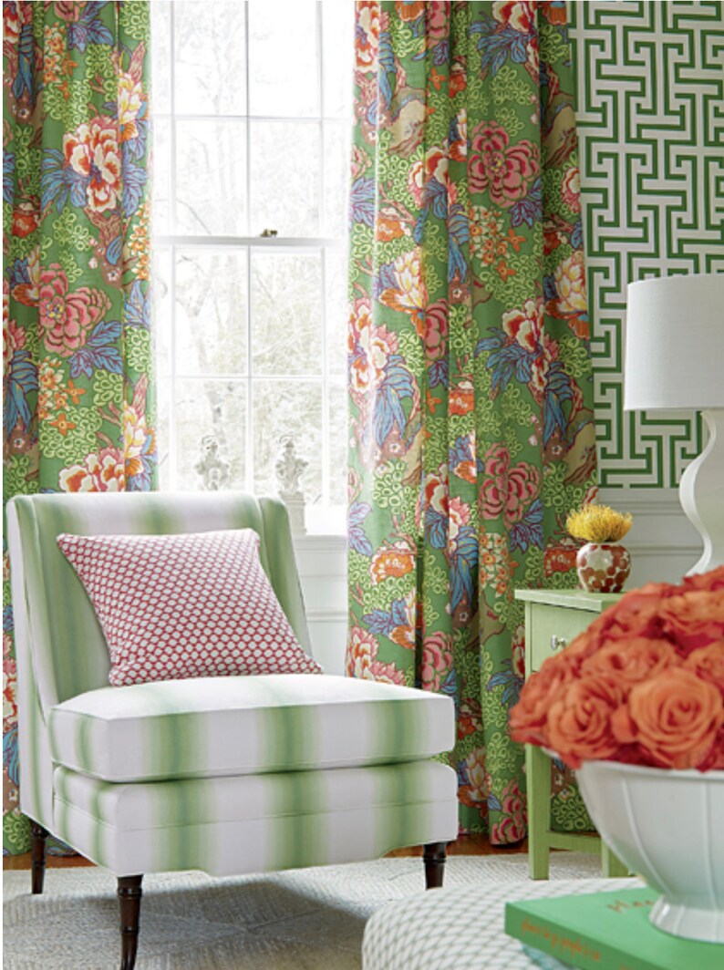 THIBAUT Curtains Green Pink Curtain Panels Thibaut Drapery Etsy