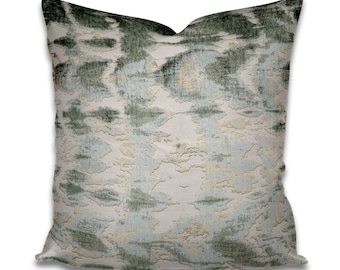 Eucalyptus and mint velvet pillow aqua green and beige print velvet cut accent pillow aqua blue tan luxurious thick pillow