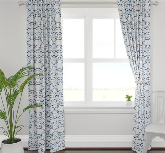 Navy White Curtains Paint Stroke Curtains Blue White Curtains Etsy