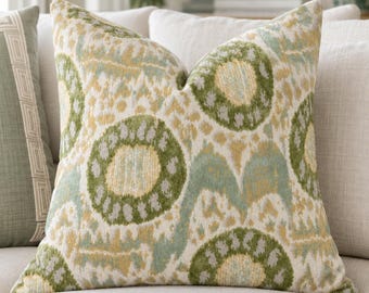 Spa blue green cut velvet pillow aqua green and beige ikat print velvet cut accent pillow aqua blue tan luxurious thick trinka pillow soft