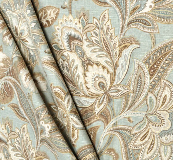 Jacobean Curtains Beige Aqua Gold Curtains Floral Curtains Etsy