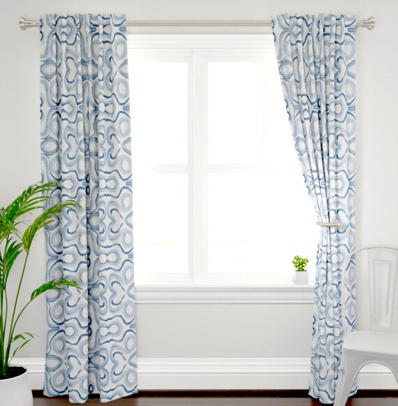 Blue Curtains Medium Blue And White Drapes Blue Ikat Curtains Etsy
