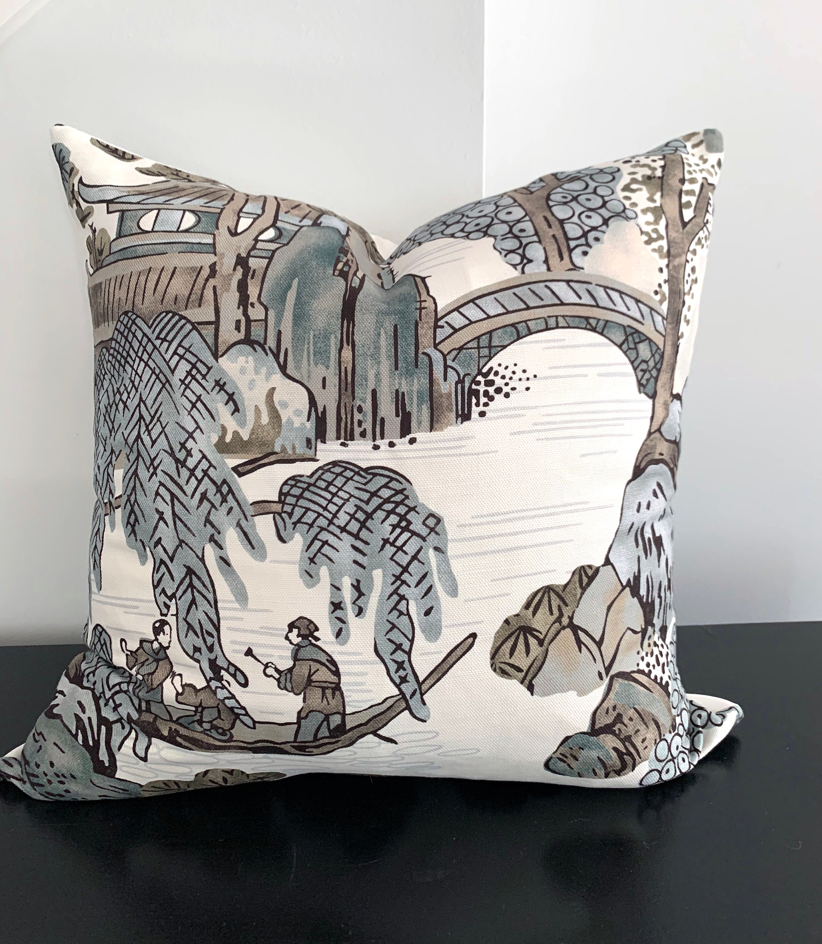 QUICK SHIP Asian Scenic Pillow Grey Pillows 18x18 Thibaut Etsy
