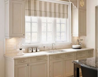 CUSTOM Roman Shades QUICK SHIP striped roman shades ticking stripe kitchen window shades linen roman shade beige taupe french door curtain