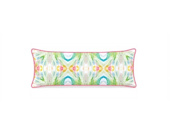 NEW "DELRAY" Watercolor Lumbar Pillow Cover Pink Green Coastal Throw Pillow Preppy Dorm Room Decor Twin XL Bed Accent Pillow Aqua Mint Pink