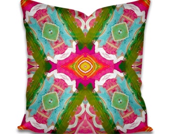 Fuchsia Pink pillow lime palm green accent pillow bold pink pillow design pillow greens blues yellow lumbar pillow 18x18 20x20 22x22 soft