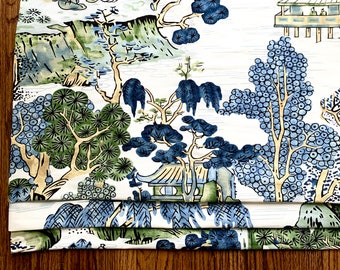 Thibaut ASIAN SCENIC blue green valence window shade blue faux roman shade thibaut shade thibaut valance thibaut fabric chinoiserie